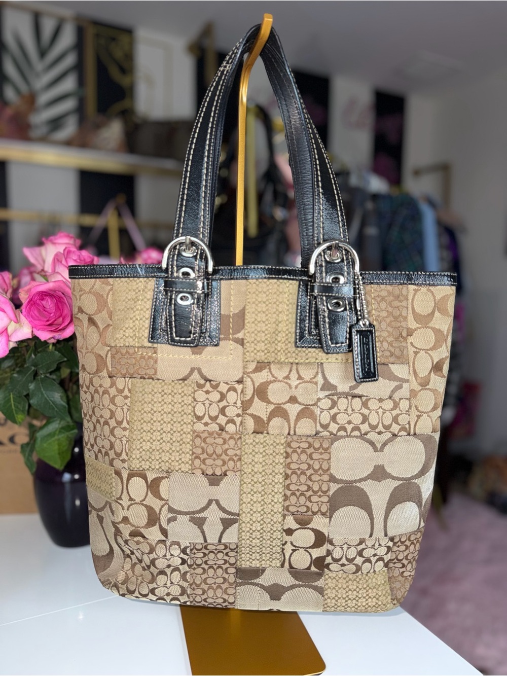 Vintage Y2K Coach Soho Signature Patchwork Tote F12318 Brown Khaki handbag purse